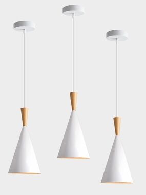 3 Pack Farmhouse White Conical Metal Pendant Lights with Natural Wood